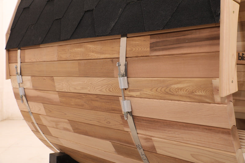 Blisspod, Prague, Canadian Red Cedar Outdoor Steam Barrel Sauna, 2-4 / 4-6 persons with Full Glass Back & 2 front Porch seats