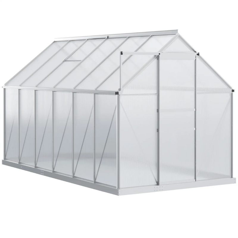 6' x 12' Large Walk-In Greenhouse with Aluminum Frame and Polycarbonate Panels, Sliding Door - Silver