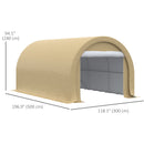 Beige storage shed with dimensions on a white background