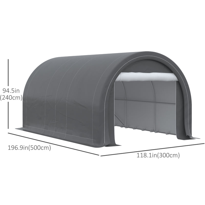 Gray storage shed with dimensions indicated on a white background