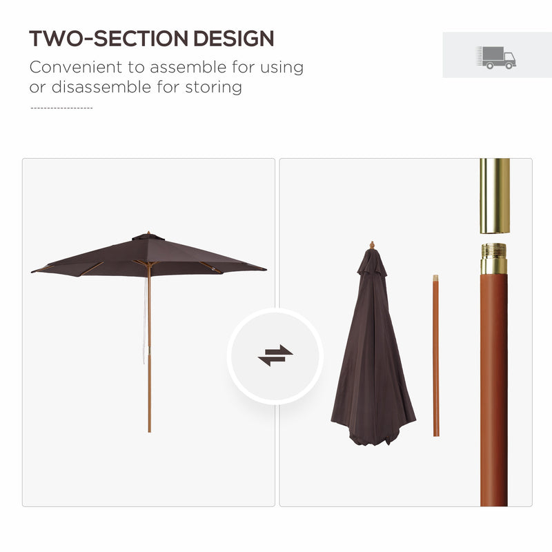 Patio Umbrellas, 10' x 8' Round Sun Shade Market Umbrella with Wood Bamboo Pole - Coffee Brown - Seasonal Overstock