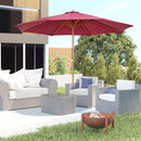 10' x 8' Round Sun Shade Market Umbrella with Wood Bamboo Pole - Wine Red - Seasonal Overstock