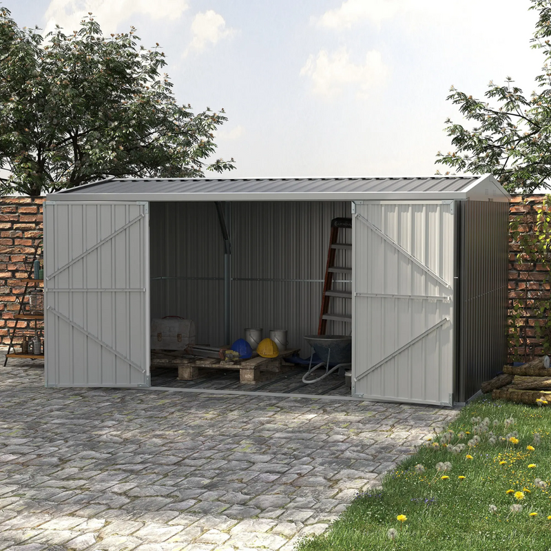 14' x 8' Outdoor Galvanized Steel Storage Shed with Double Swing Door and Lock - Grey