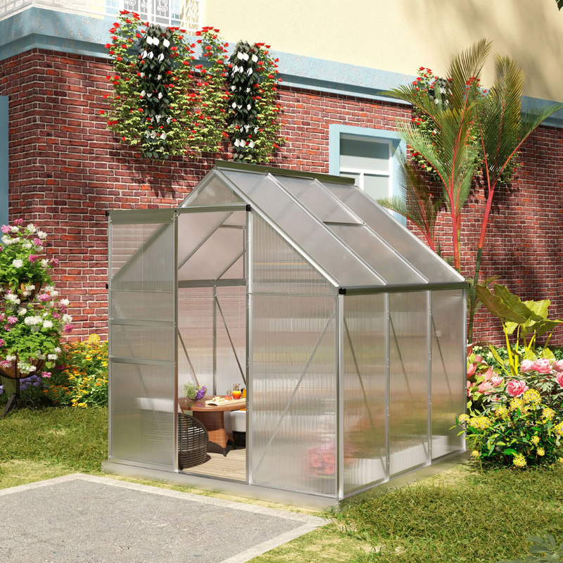 6' x 6' Walk-In Greenhouse with Aluminum Frame and Polycarbonate Panels, Sliding Door - Silver