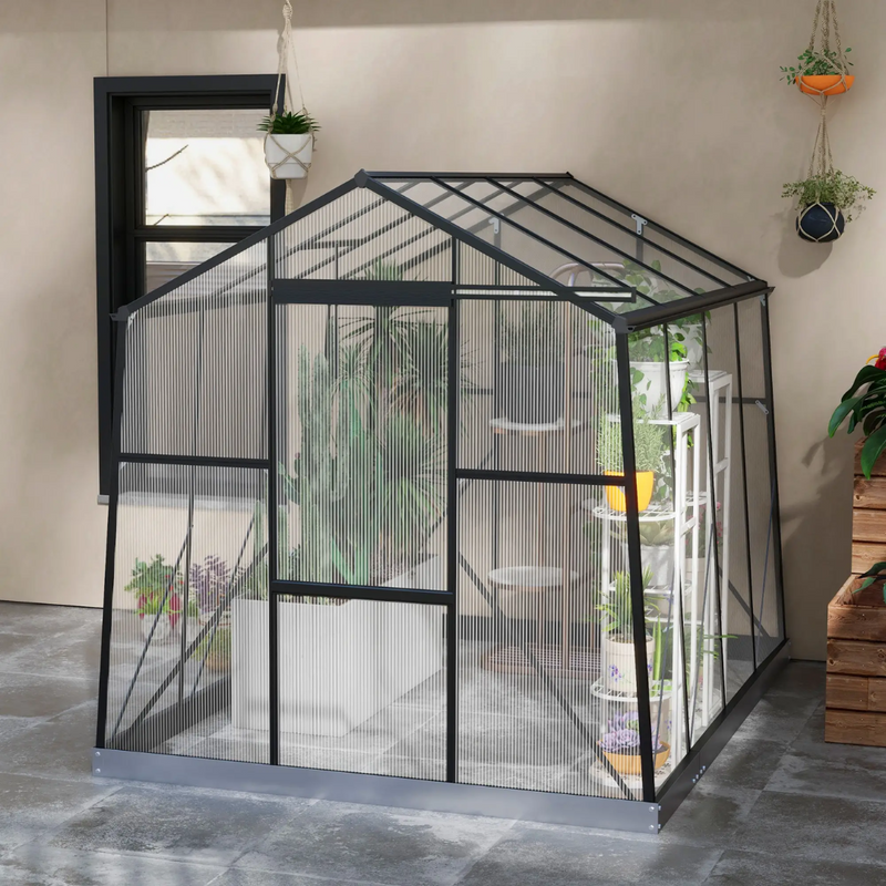 6' x 8' Walk-In Aluminum Frame Greenhouse, Polycarbonate Panels, Swing Door - Black