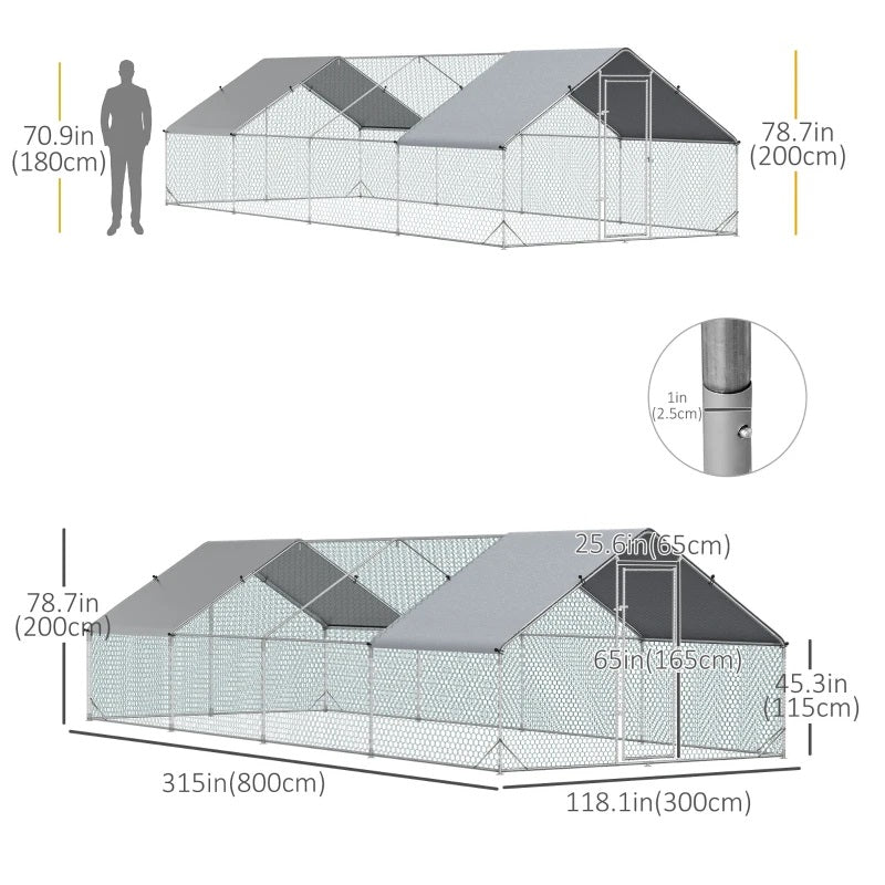 10' x 26' Steel Walk-In Chicken Coop Pen with Peaked Roof and Canopy