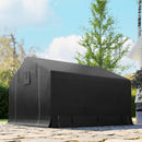 grey 10x10 outdoor bicycle, ATV, Motorcycle cover on a patio with trees and a clear sky in the background