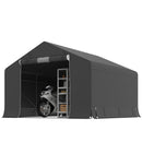 Grey portable storage tent with a motorcycle inside and shelves inside on a white background