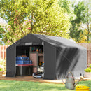 10 x 10 ft portable garage shed with storage items in a backyard setting