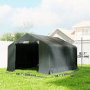 10 x 10 ft grey portable carport with dimensions indicated on a grassy area with a house in the background.