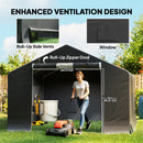 Grey outdoor portable shelter shed with roll-up side vents, window, and zipper door, featuring a woman with a lawn mower.