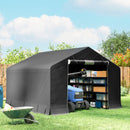 10x10 ft outdoor portable storage shed with shelves filled with items in a backyard setting.