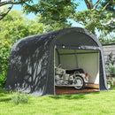 10 x 10 portable garage shed with a motorcycle inside, set against a natural background with trees and grass.