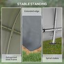Collage of a stable standing structure with details on galvanized steel frame, extended edge, and spiral stakes.