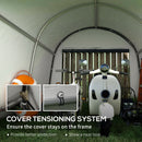 Cover tensioning system for a large white tent with a scooter inside, showing better protection and neat look.