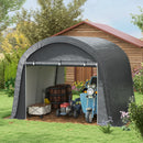10 x 10 portable garage shed with tools and equipment in a garden setting