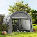10 x 10 ft Portable garage shed with a lawn mower inside, set against a green outdoor background.