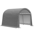10 x 10 ft Portable Gray storage shed with a door on a white background