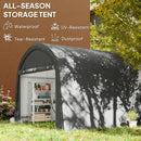 10 x 10 all-season storage tent with features listed on a brown background, showing a garden setting.