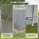 Collage of a stable standing structure with details on galvanized steel frame, extended edge, spiral stakes, and grassy background.