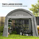 10 x 10 portable garage with two large doors, showing a lawn mower inside, with measurements indicated.
