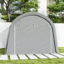 10 x 10 ft Portable storage shed with a gray door on a grassy area