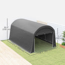 15 x 10 ft Gray outdoor storage shed with dimensions on a white background