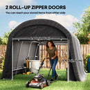 15 x 10ft Portable garage with roll-up zipper doors, woman pushing a lawn mower, and measurements displayed.