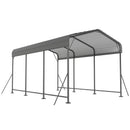A dark gray metal carport with a corrugated roof and support posts, shown on a plain white background.