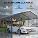 All weather metal carport with a white car underneath, featuring waterproof, UV-resistant, and snow-resistant attributes.