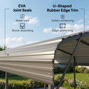 Metal carport with EVA joint seals and U-shaped rubber edge trim features against a blue sky.