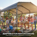 Group of people enjoying a gathering under a large outdoor shelter.