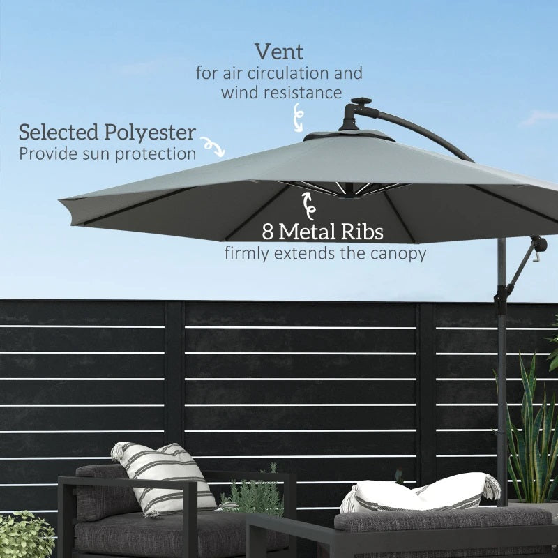 10ft Outdoor Offset Cantilever Patio Umbrella with Solar LED Lights - Grey