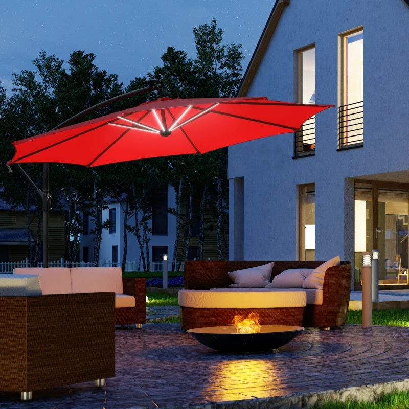 10ft Outdoor Offset Cantilever Patio Umbrella with Solar LED Lights - Red