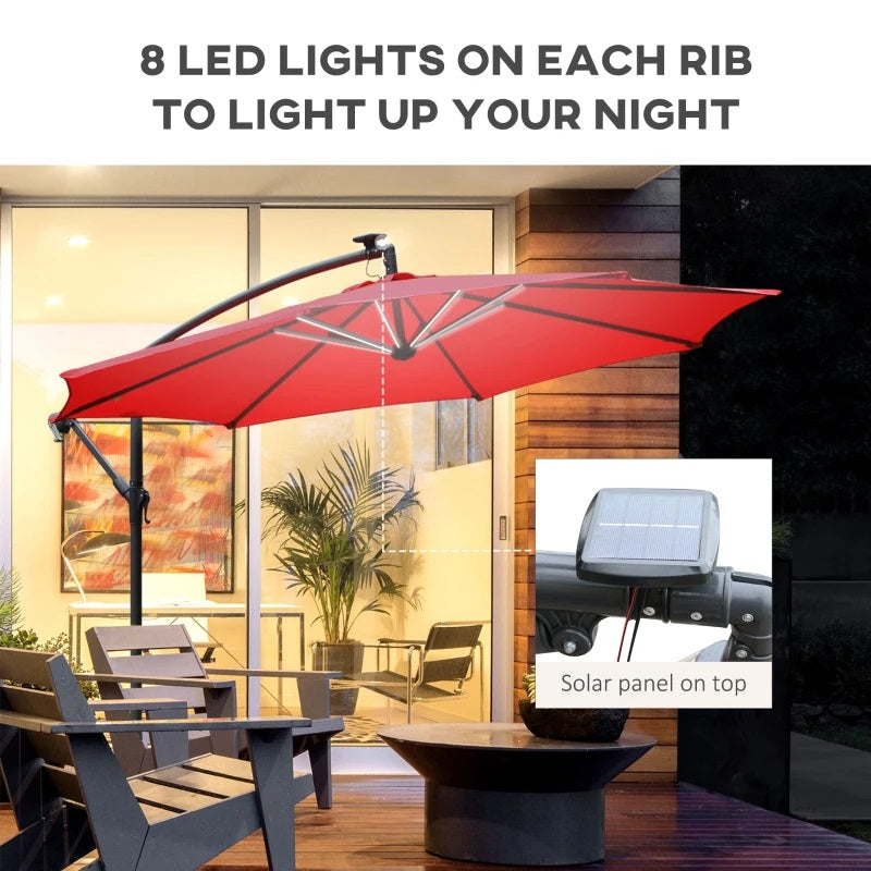 10ft Outdoor Offset Cantilever Patio Umbrella with Solar LED Lights - Red