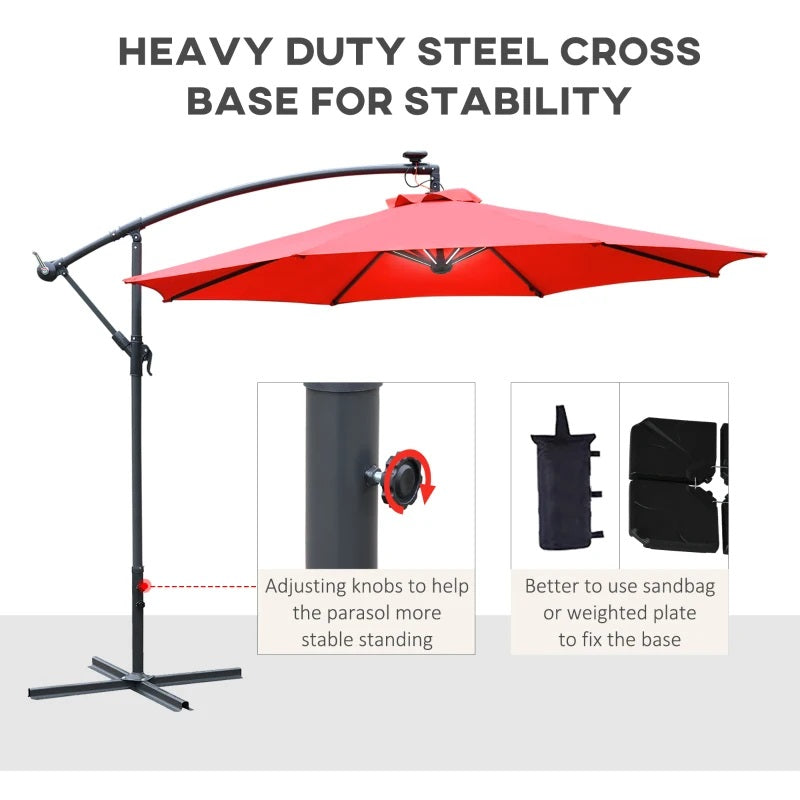 10ft Outdoor Offset Cantilever Patio Umbrella with Solar LED Lights - Red