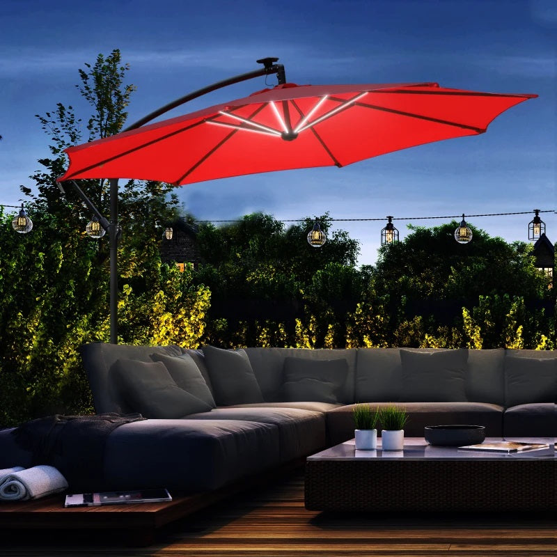 10ft Outdoor Offset Cantilever Patio Umbrella with Solar LED Lights - Red