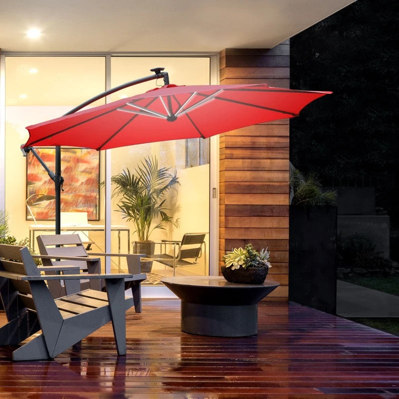 10ft Outdoor Offset Cantilever Patio Umbrella with Solar LED Lights - Red