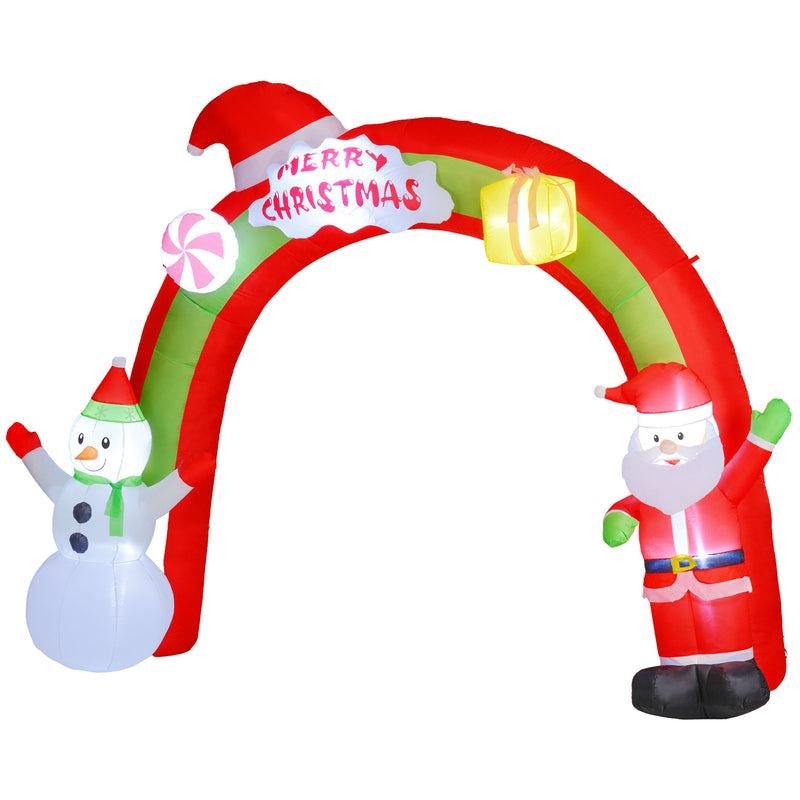 Inflatable Christmas arch with Santa Claus and snowman decorations on a white background