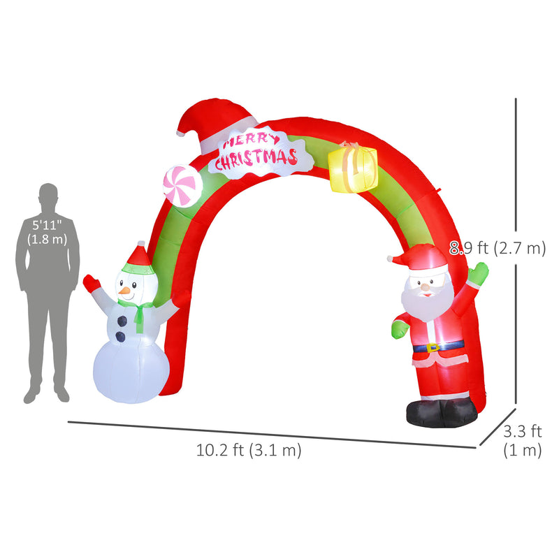 Inflatable Christmas arch with Santa Claus and snowman, showing dimensions and scale against a person.