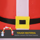 Red inflatable Santa Claus costume with weather-resistant material text on a red background