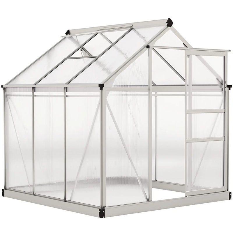 6.2' x 6.3' Walk-In Greenhouse with Aluminum Frame, Polycarbonate Panels, Sliding Door - Silver