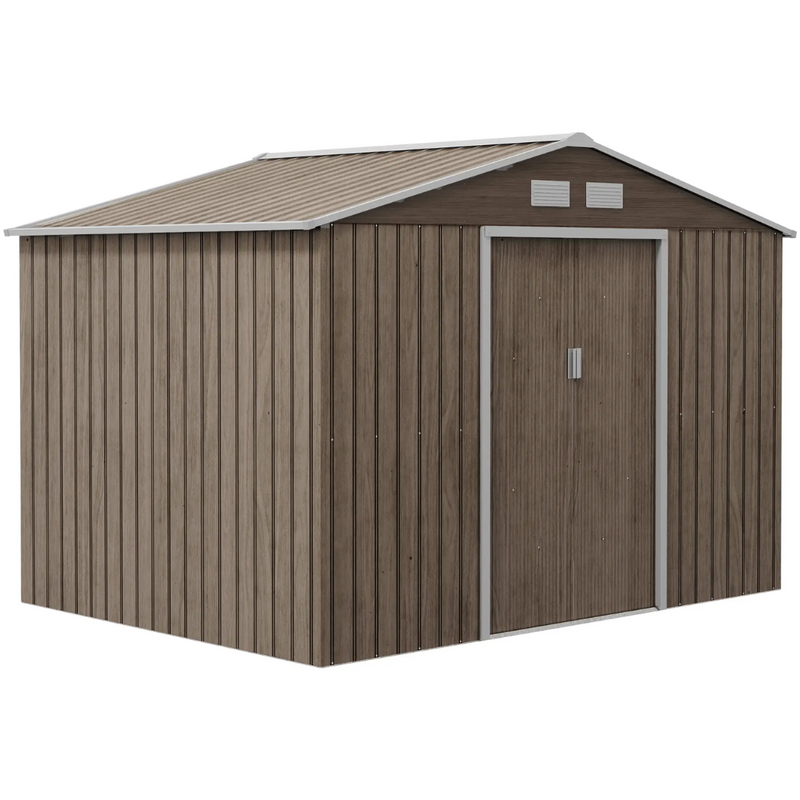 9' x 6.4' Outdoor Garden Storage Shed with Dual Sliding Doors - Brown Wood Grain