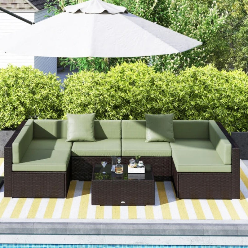 Patio Furniture, Peace River 7 Pc Rattan Wicker Modular Outdoor Furniture Sectional Sofa Set - Light Green / Brown - Seasonal Overstock