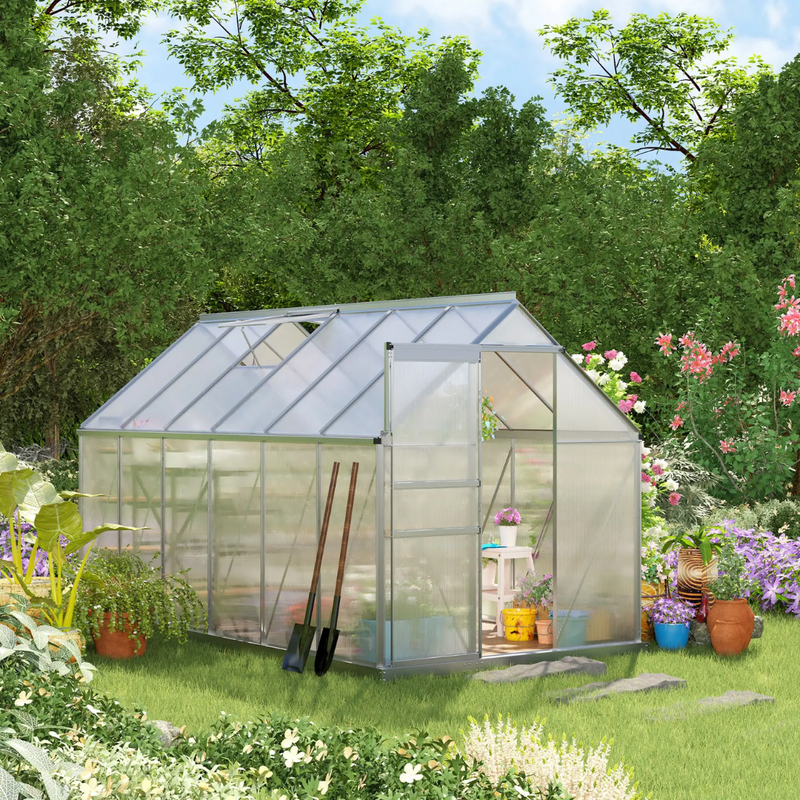 6' x 12' Large Walk-In Greenhouse with Aluminum Frame and Polycarbonate Panels, Sliding Door - Silver