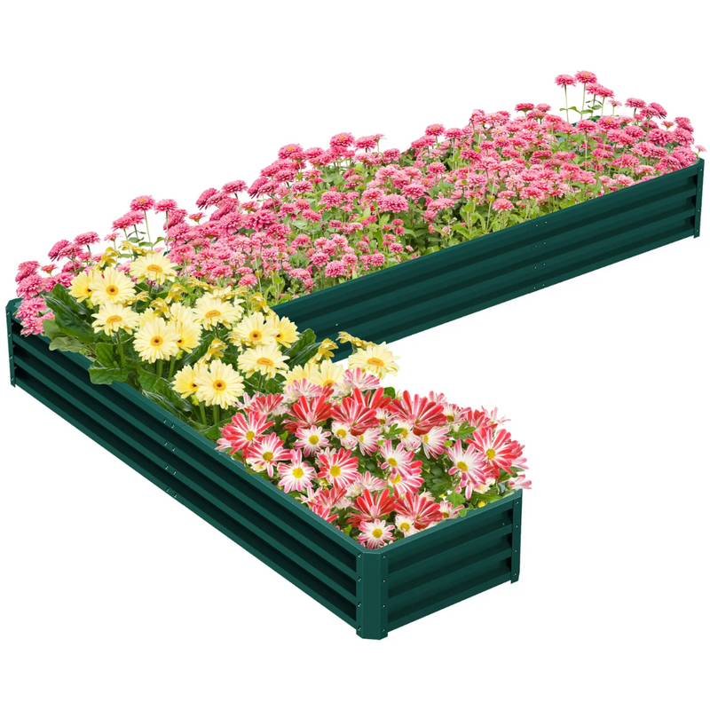 9.1' x 6.8' L-Shaped Raised Garden Bed Planter Box Galvanized Steel 12in Deep - Green