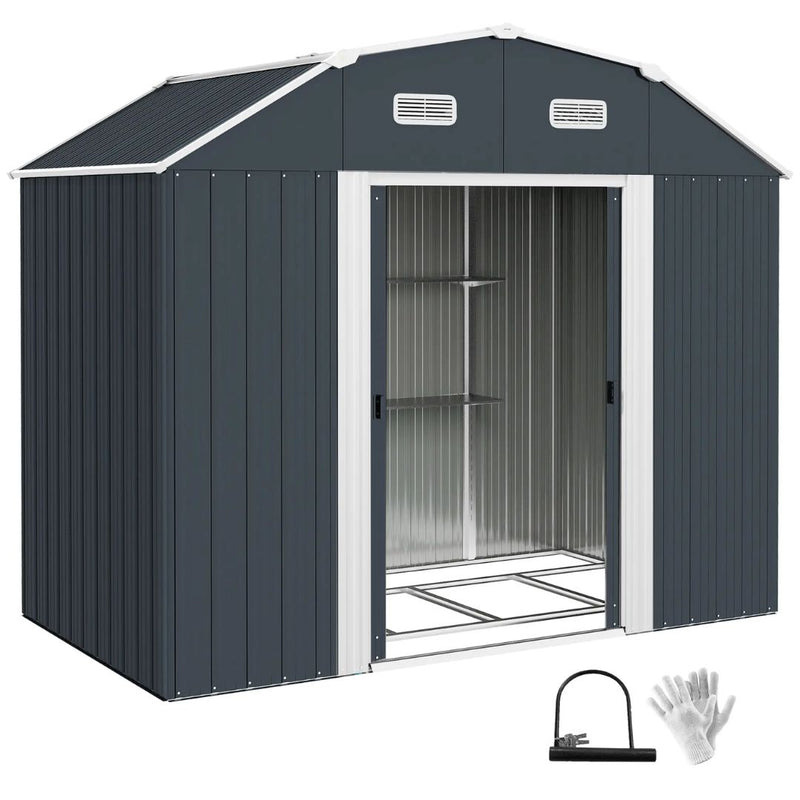 8' x 4' Galvanized Outdoor Garden Storage Shed with Shelving - Grey