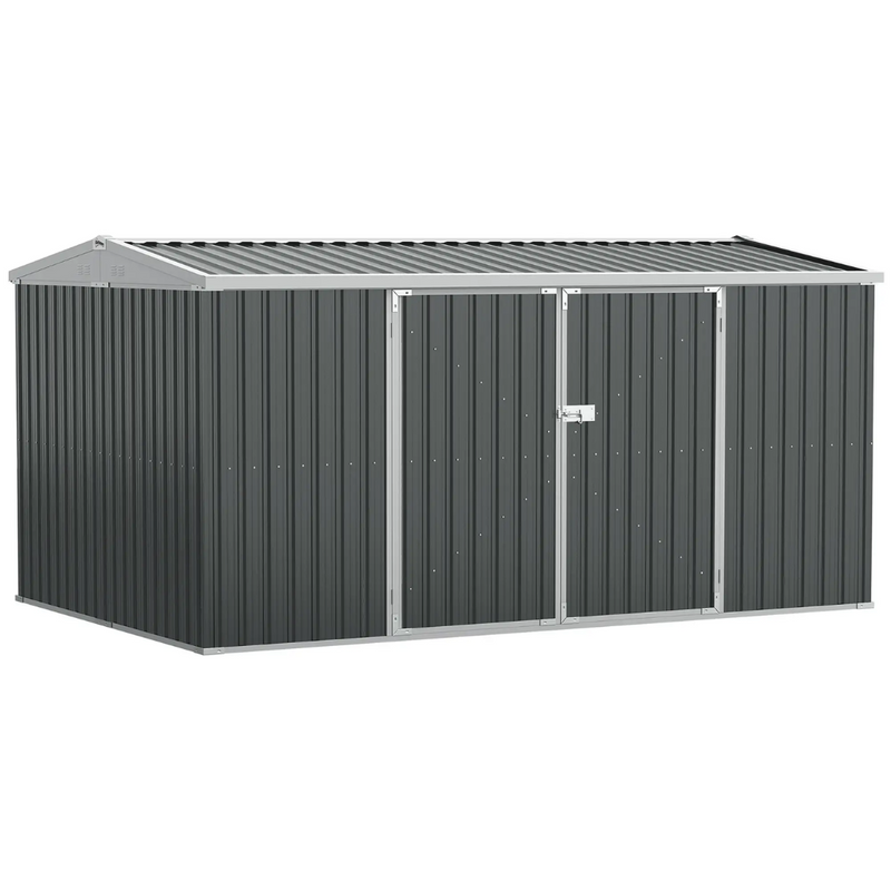 14' x 8' Outdoor Galvanized Steel Storage Shed with Double Swing Door and Lock - Grey