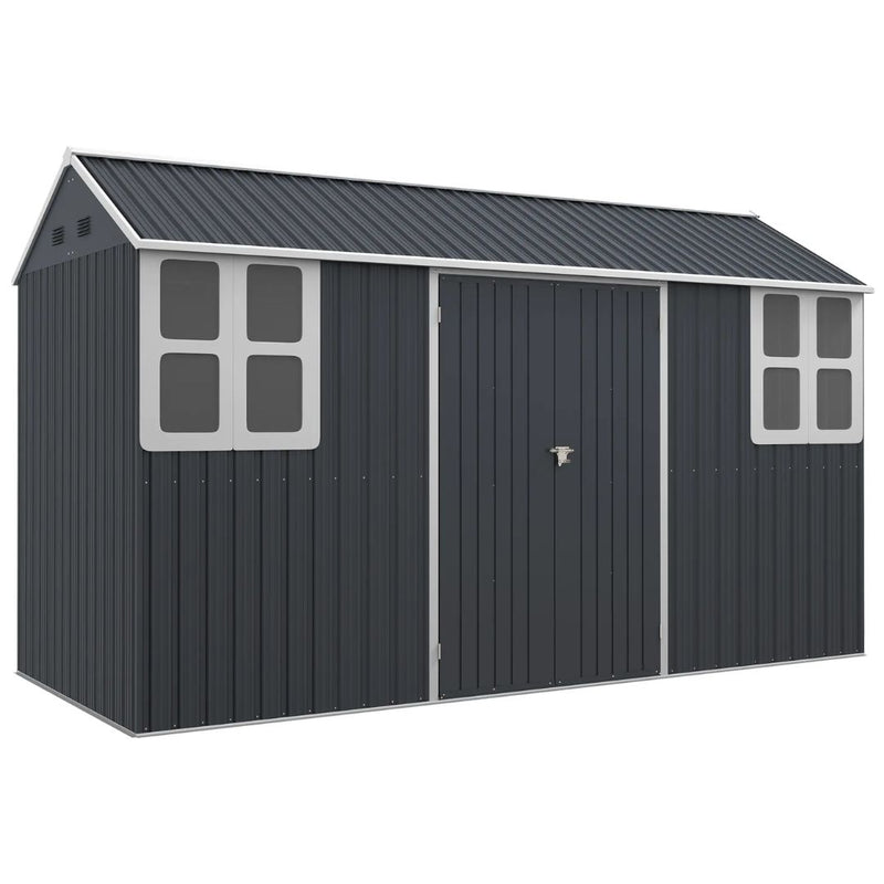 12' x 5.5' Outdoor Garden Storage Shed with 2 Swing Doors and Windows - Dark Grey