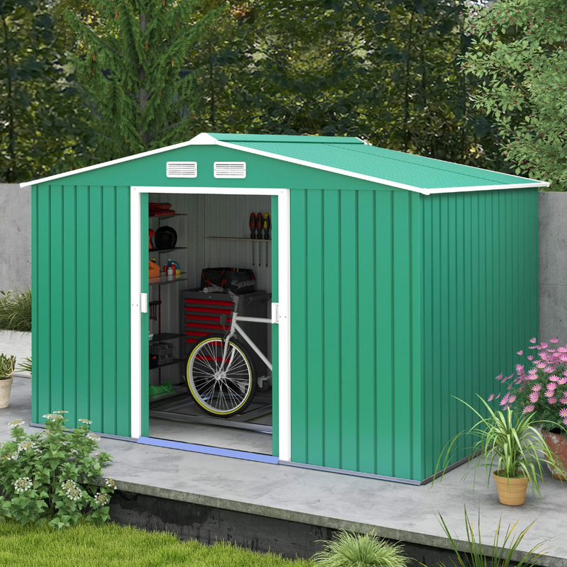 9' x 6.4' Outdoor Garden Storage Shed with Dual Sliding Doors - Green